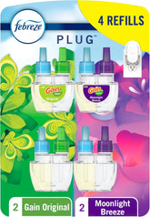 Febreze Plug In Air Freshener, Odor-Fighting Scented Oil Refill, For Home, Bathroom, & Kitchen, Long Lasting, Gain Moonlight Breeze and Gain Original Scents, 0.87oz Refills, 4 Count (2 of Each Scent)