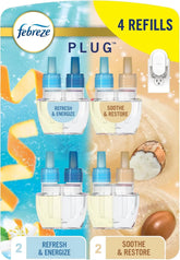 Febreze Plug In Air Freshener, Odor-Fighting Scented Oil Refill For Home, Bathroom, & Kitchen, Long Lasting, Refresh & Energize and Soothe & Restore Scents, 0.87oz Refills, 4ct (2 of Each)