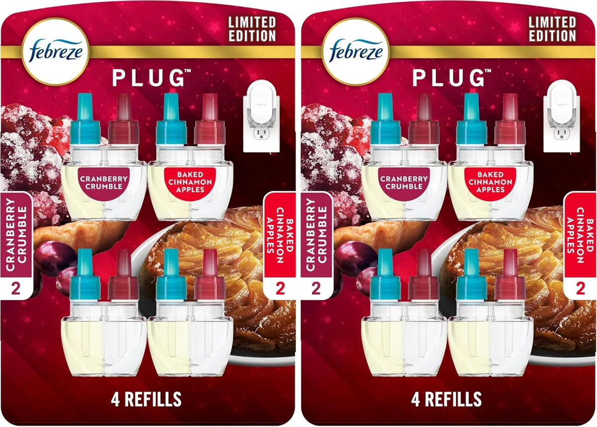 Febreze Odor-Fighting Fade Defy PLUG Air Freshener Baked Cinnamon Apple,Cranberry Crumble,.87 fl. oz. Oil Refill,(Pack of 8)