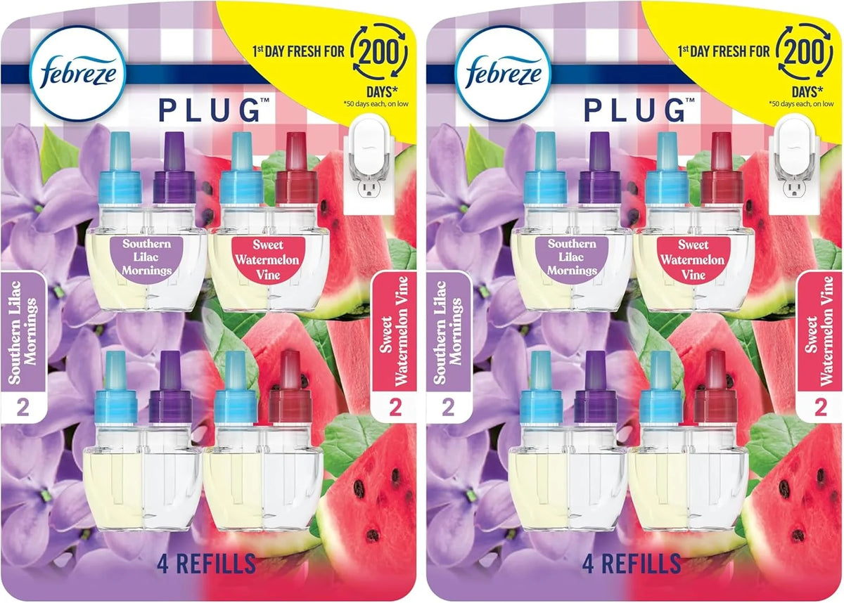 Febreze Odor-Fighting Fade Defy PLUG Air Freshener, Southern Lilac Mornings, Sweet Watermelon Vine, (2 of Each), .79 fl. oz. Oil Refill, 4 Count (Pack of 2)
