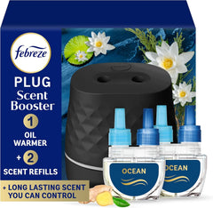 Febreze PLUG Scent Booster Starter Kit, Black, Oil Diffuser, Air Freshener Plug In, Continuous Scent Device + 2 Ocean Refills