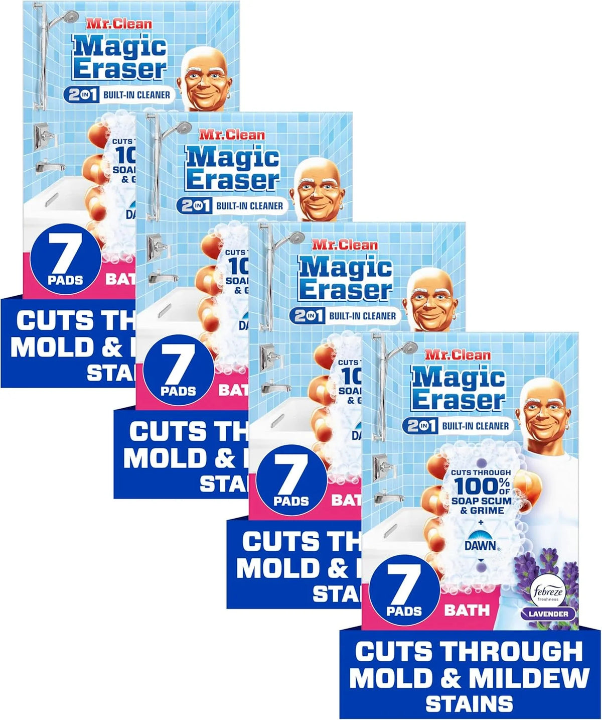 Mr. Clean Magic Eraser Sponge, Bathroom, Shower & Tub Cleaner, Soap Scum Remover, Bathroom Cleaning Supplies, Dawn Cleaning Power with Febreze Lavender Scent, 2 in 1 Bath, 7ct (Pack of 4)