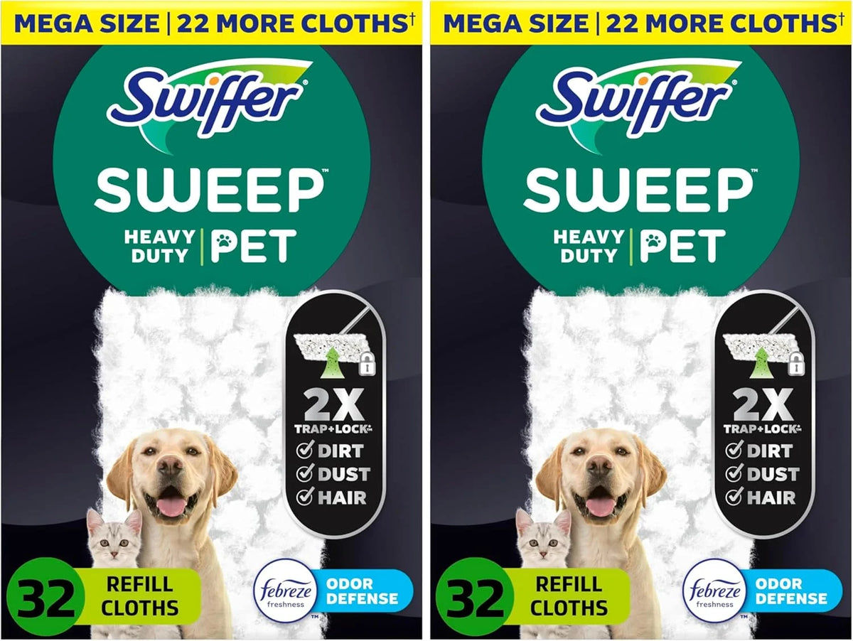 Sweep + Mop, Dry Pads Refill, Floor Cleaner for Dirt, Dust, Hair, Cleaning Cloths for Mopping Home, Bathroom, Kitchen, All Purpose Multi-Surface Floor Wipes, Heavy Duty, Pet, 32 Count (Pack of 2)