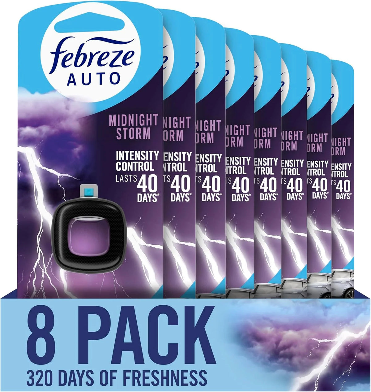 Febreze AUTO Air Freshener, Odor-Fighting Automotive Vent Clip, Midnight Storm Scent, 8 Count