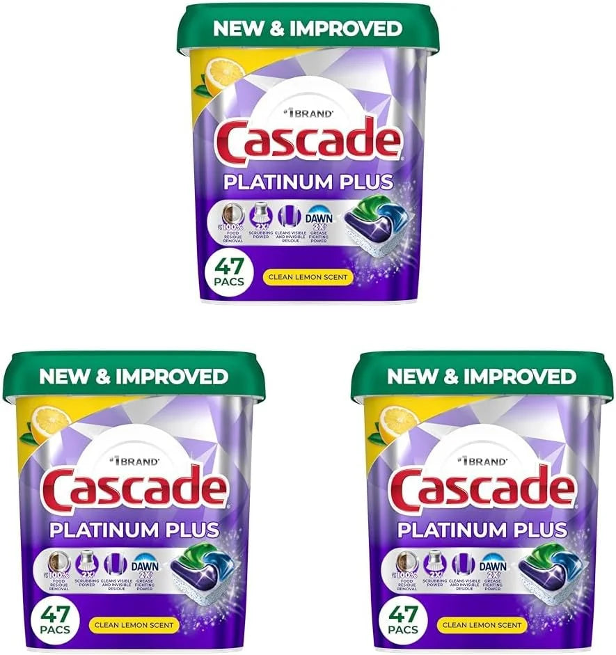 Cascade Platinum Plus Dishwasher Pods, Dishwasher Detergent, Dish Detergent Soap, Lemon, 47 Count (Pack of 3)